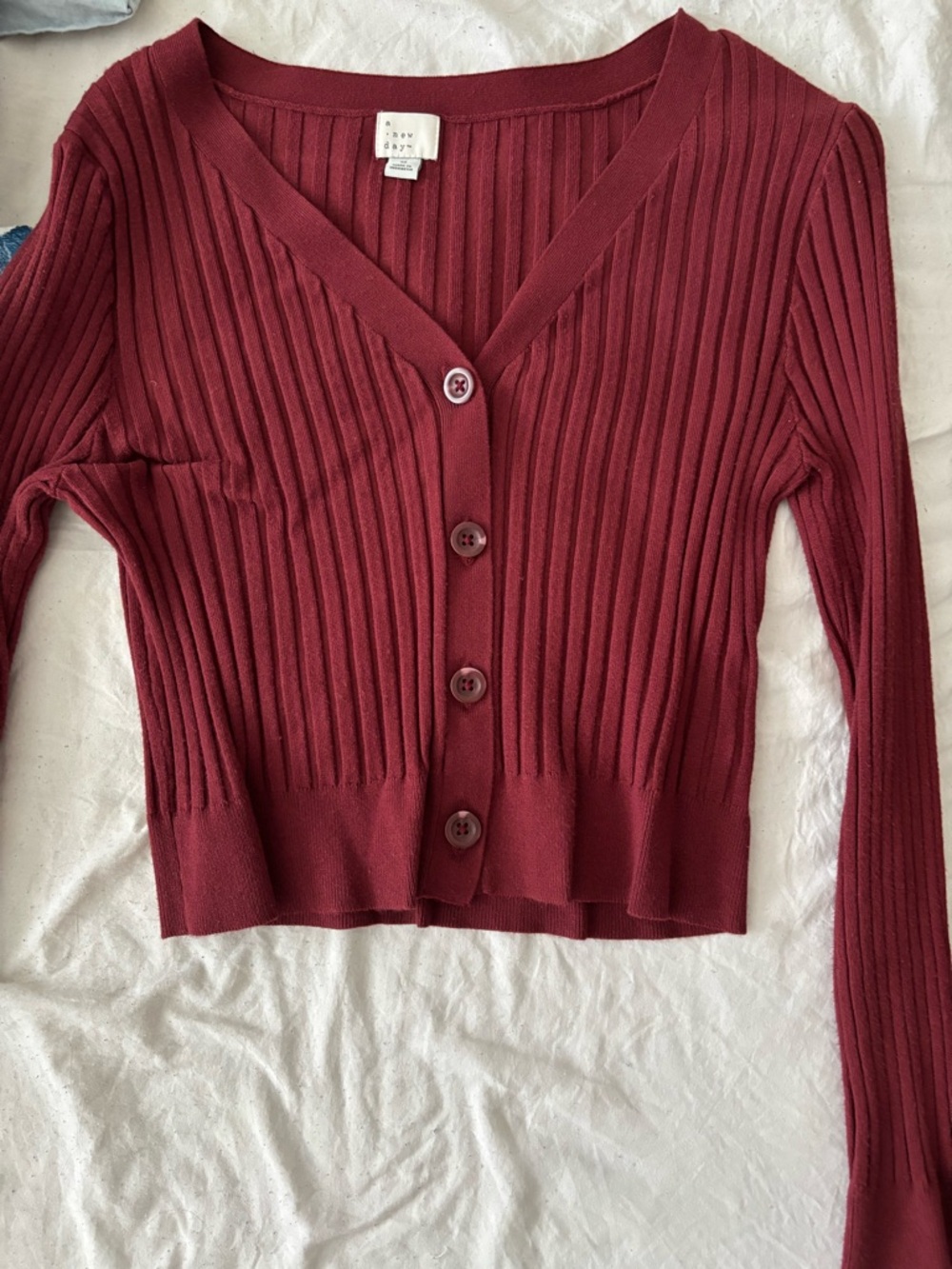 a new day Burgundy Ribbed V-Neck Button-Front Cardigan